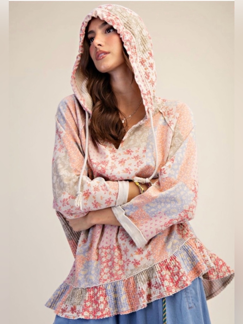 Patchwork Floral Hoodie Top - Pastel Pink Mix - Picture 2 of 10